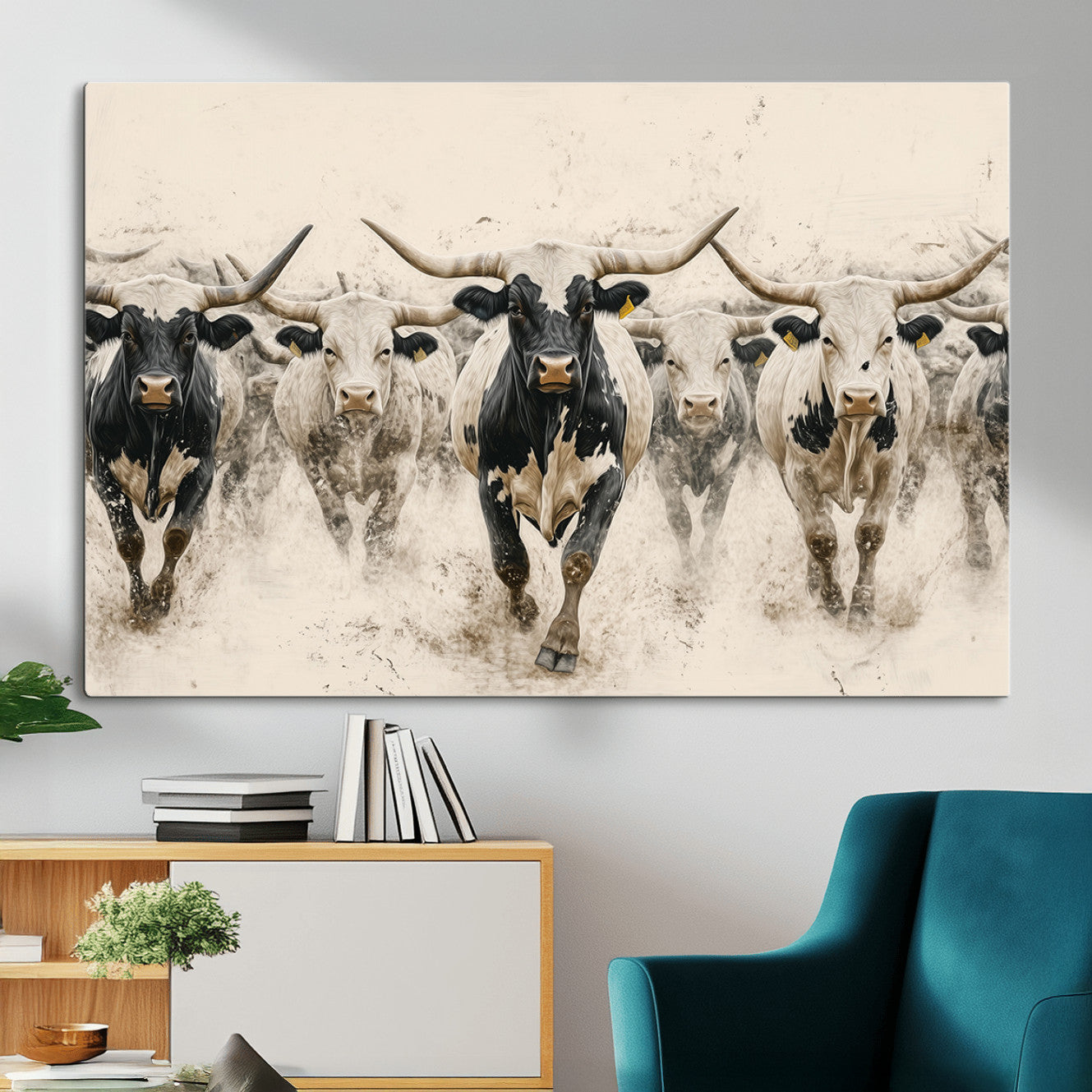 MGV-CV-36X24 - Cream Dust Longhorn Wall Art – Canvas Print of Western Herd Stampede, Dynamic Charge, Rustic Prairie Motion, Bold Nature Farm Decor