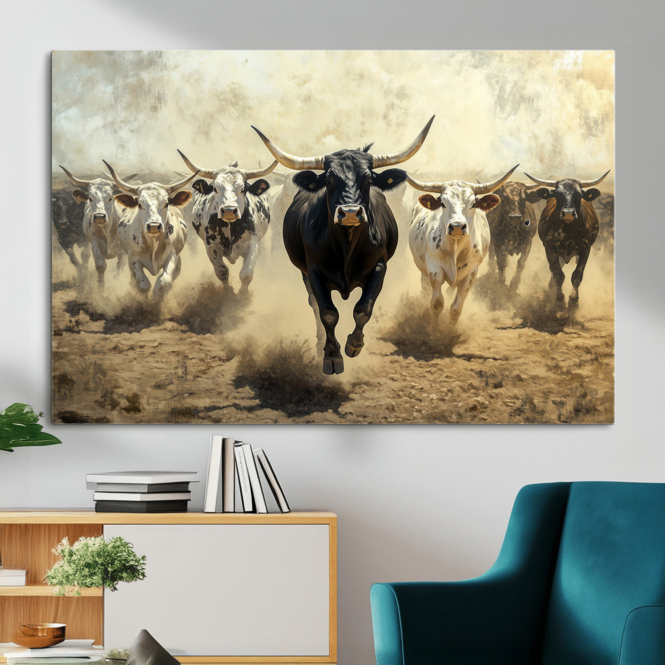 MGV-CV-36X24 - Running Cattle Wall Art – Canvas Print of Western Herd, Dust Stampede, Longhorns, Wild West Ranch, Bold Rustic Farm Decor for Home or Office