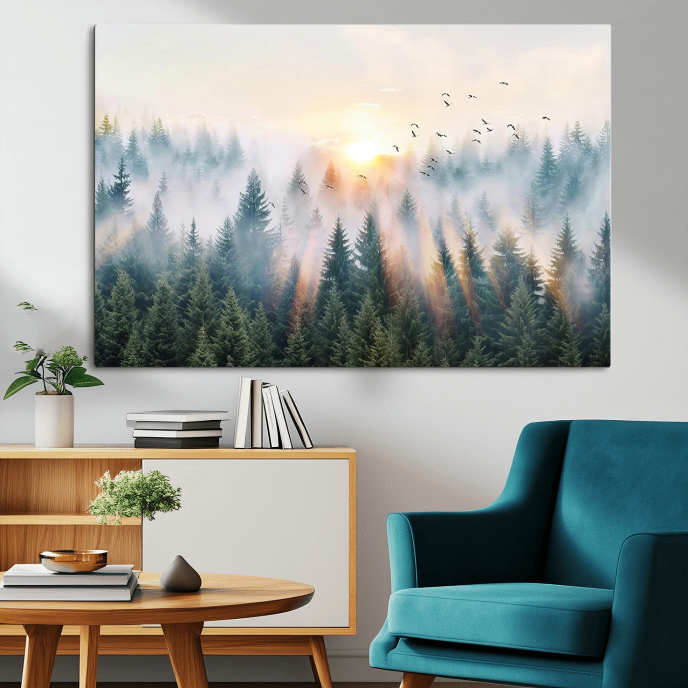 MGV-CV-36X24 - Misty Pine Forest Wall Art Canvas, Sunrise Over Foggy Trees Canvas for Home - Office, Framed