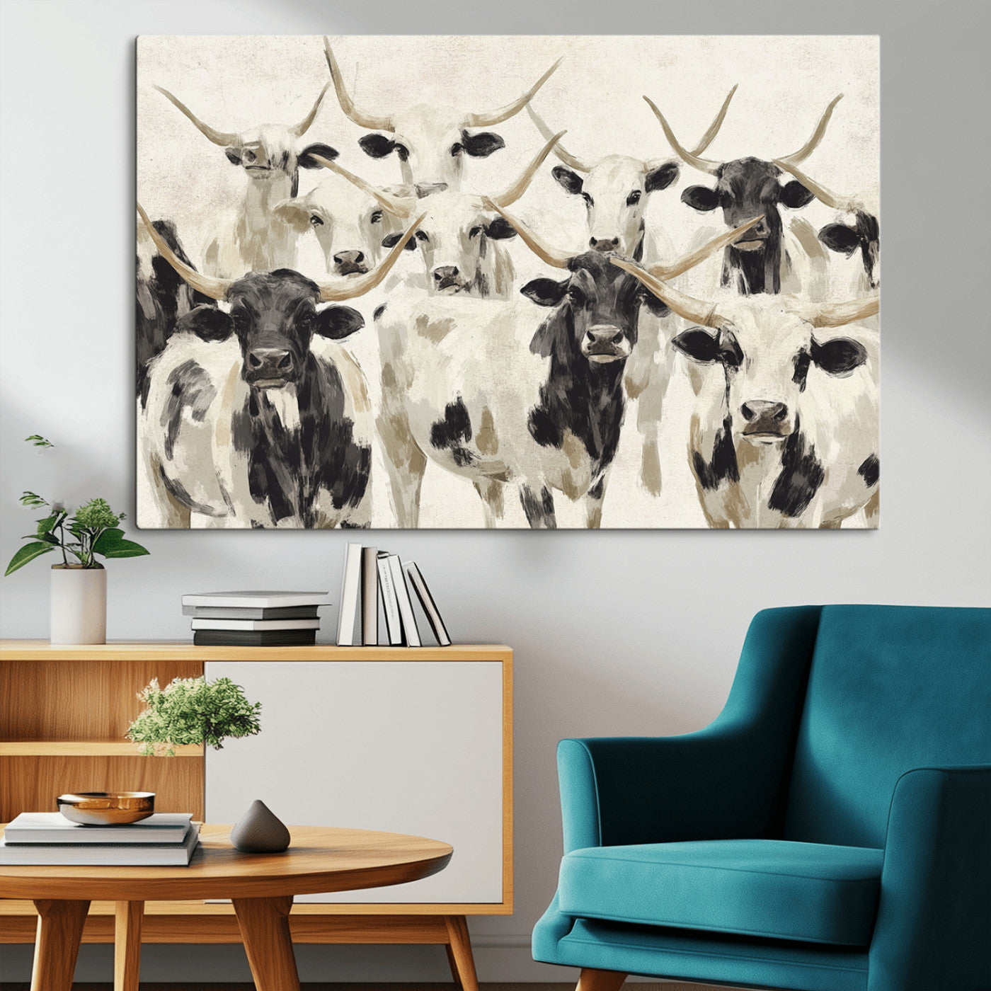 MGV-CV-36X24 - Longhorn Texas Cow Drawing Abstract Wall Art Canvas Print for Farmhouse Decor, Texas Bull Printing