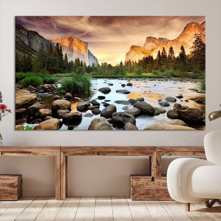 A tranquil riverside sunset mirrors the beauty of a Yosemite wall art masterpiece like the Large El Capitan Print.