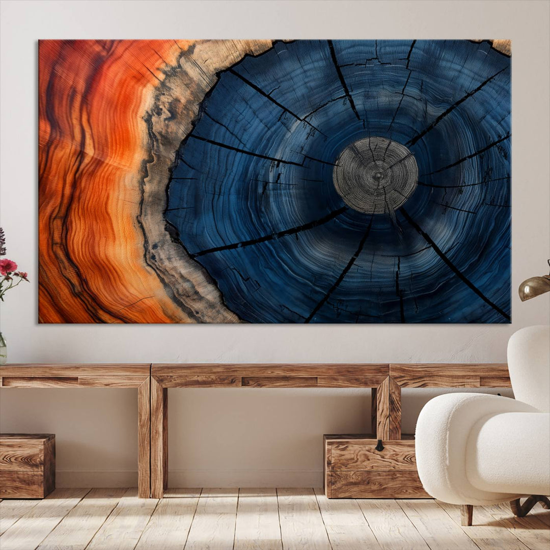 Abstract Tree Rings Canvas Print with vibrant colors—ideal farmhouse wall art for a woodland-themed home.