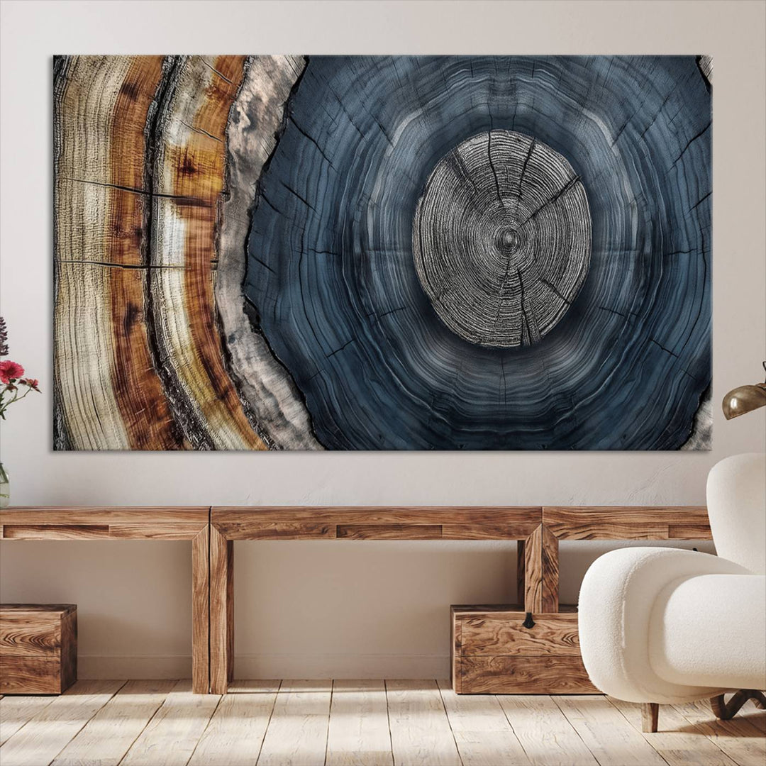 Close-up of the Abstract Tree Rings Wall Art Print featuring shades of blue, brown, and gray.