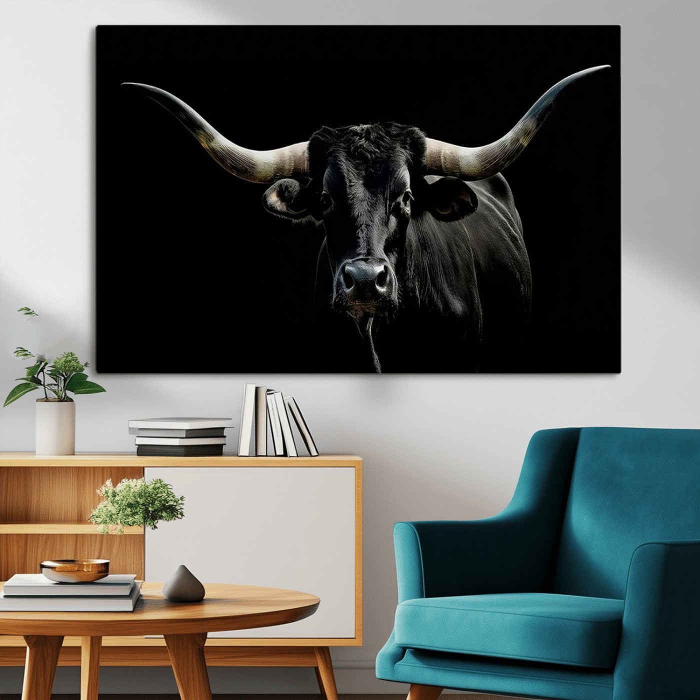 MGV-CV-36X24 - Texas Black Bull Wall Art Print, Longhorn Bull Canvas Wall Art