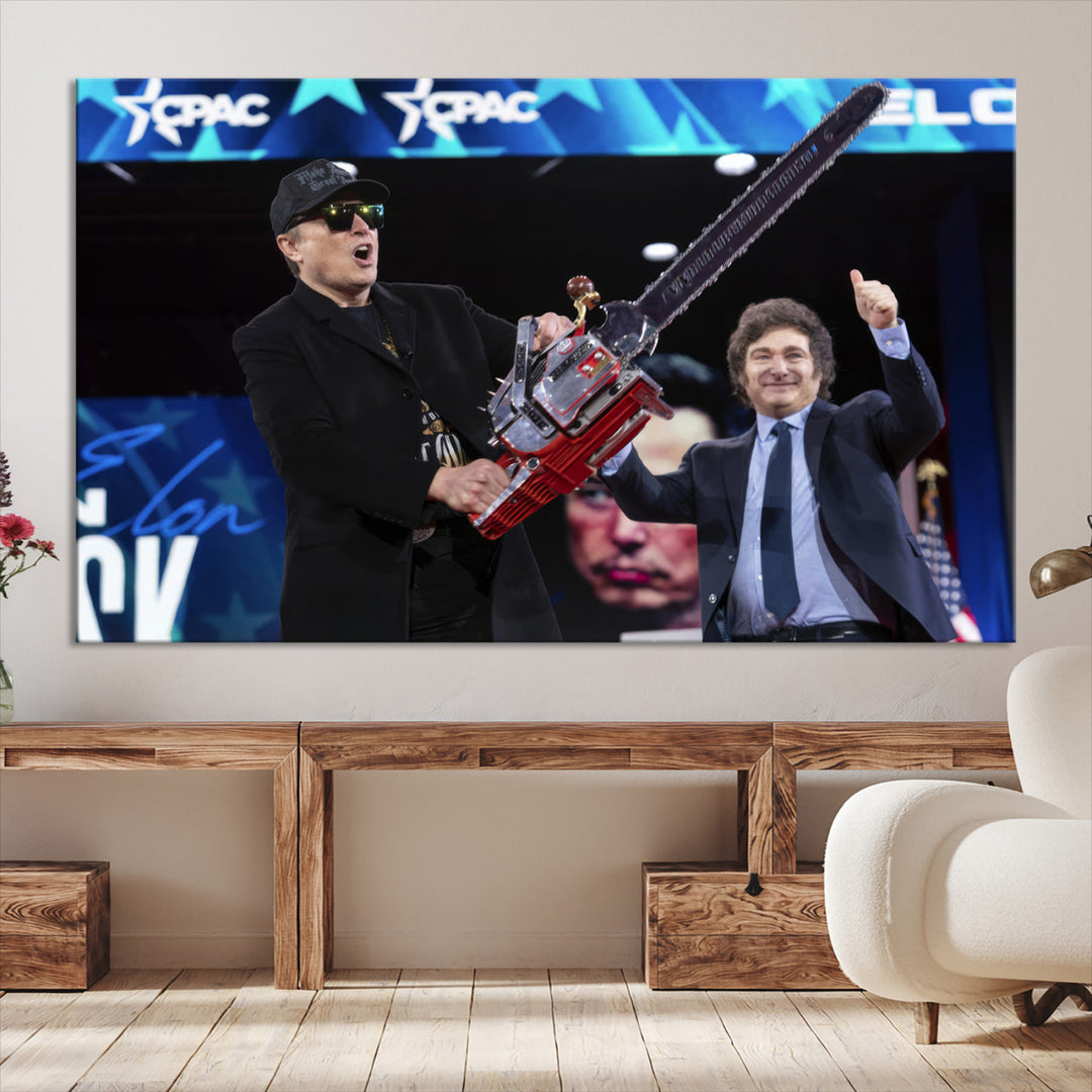 The wall art in the living room is an Elon Musk Chainsaw Art Print, depicting two men with chainsaws on stage in front of a vibrant crowd.