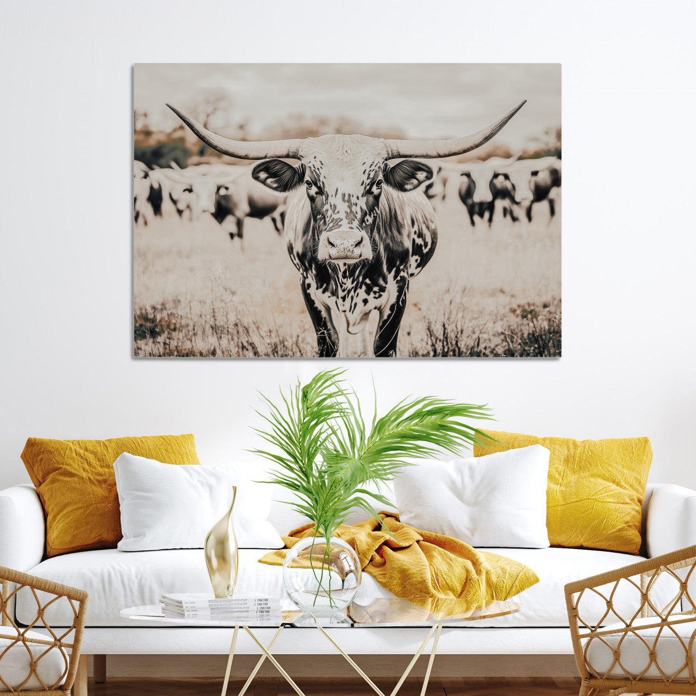 Texas Longhorn Wall Art Canvas Print, Framed Speckled Cow Art Picture Print, Horned Cattle Perfect Rustic Western Decor Artwork