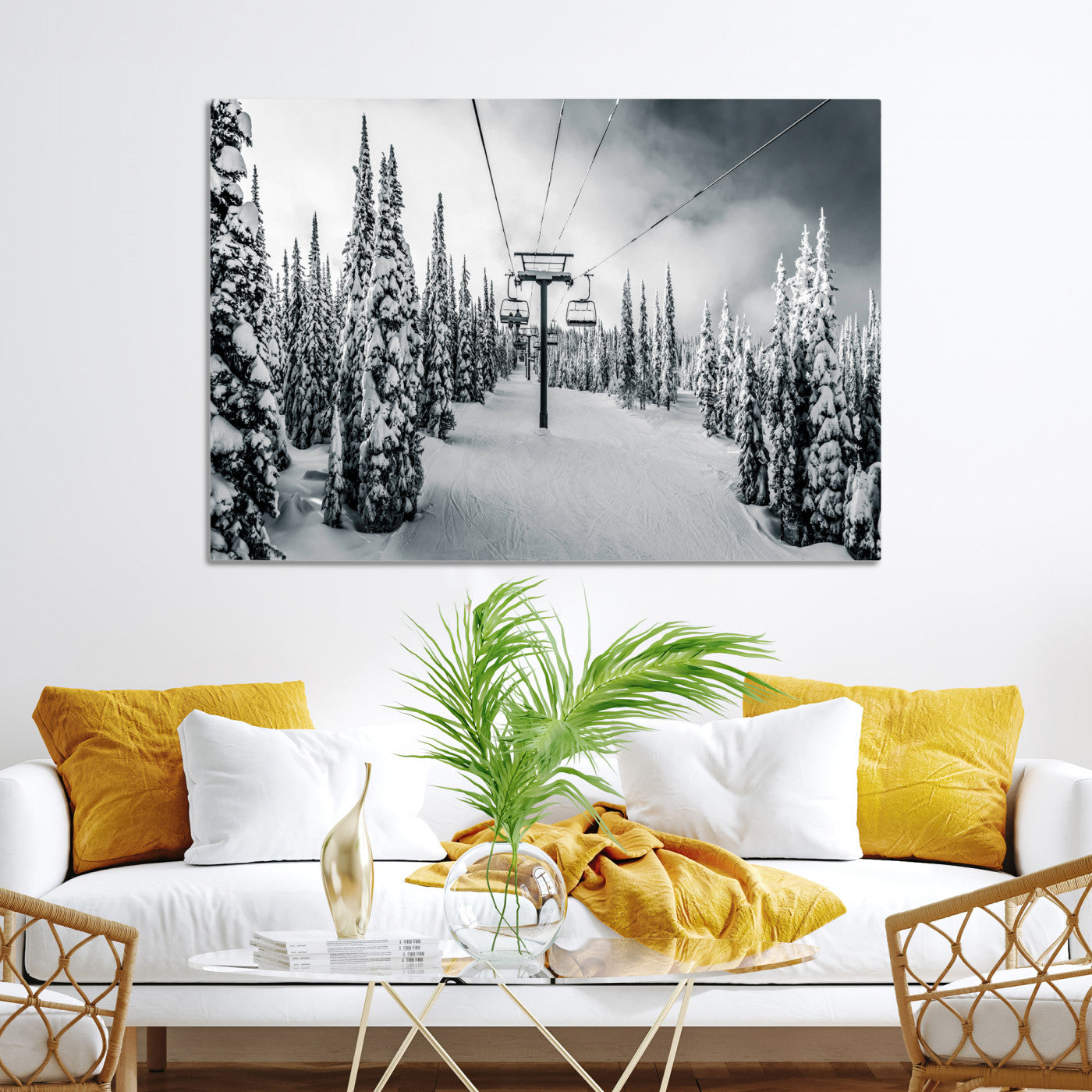 Snowy Pines Wall Art Canvas Print, Framed Ski Lift Art Picture Print, Winter Forest Perfect Moody Lodge Decor, Ski Lift Wall Art Canvas