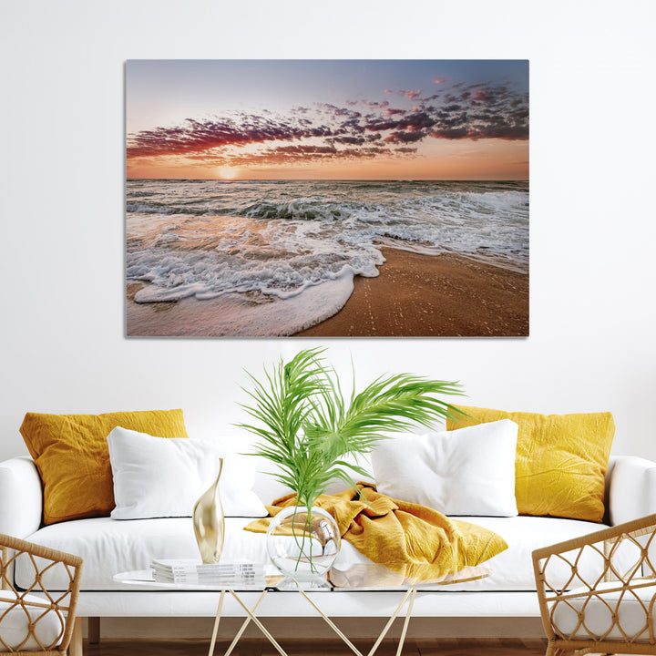 Ocean Sunset Wall Art Canvas Print, Framed Sandy Shore Art Picture Print, Gentle Waves Perfect Minimalist Coastal Decor, Ocean Waves Wall Art Print