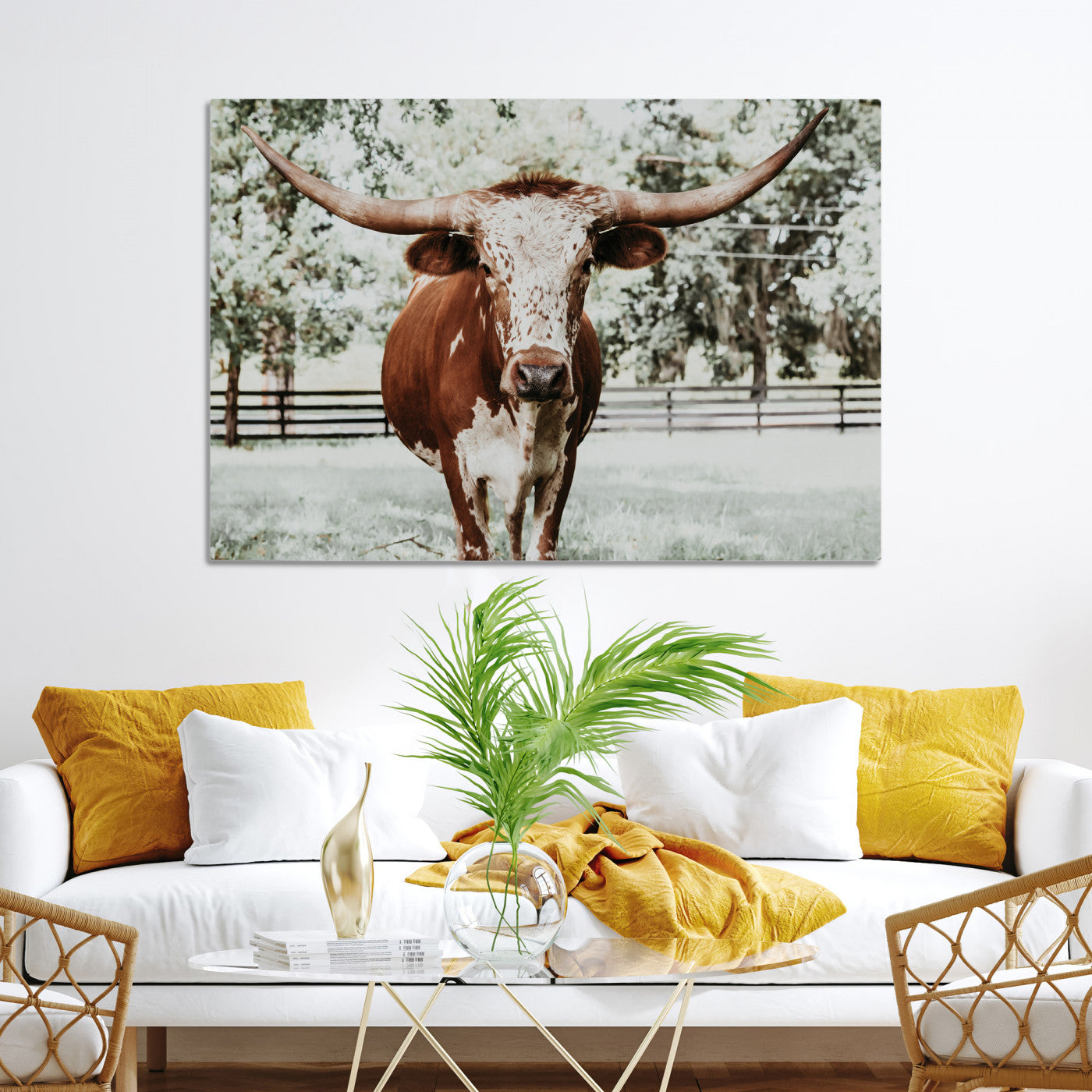 54757537-MGV-CV-36X24-Texas Longhorn Wall Art Canvas Print, Framed Spotted Cow Art Picture Print, Horned Cattle Perfect Rustic Western Decor Artwork