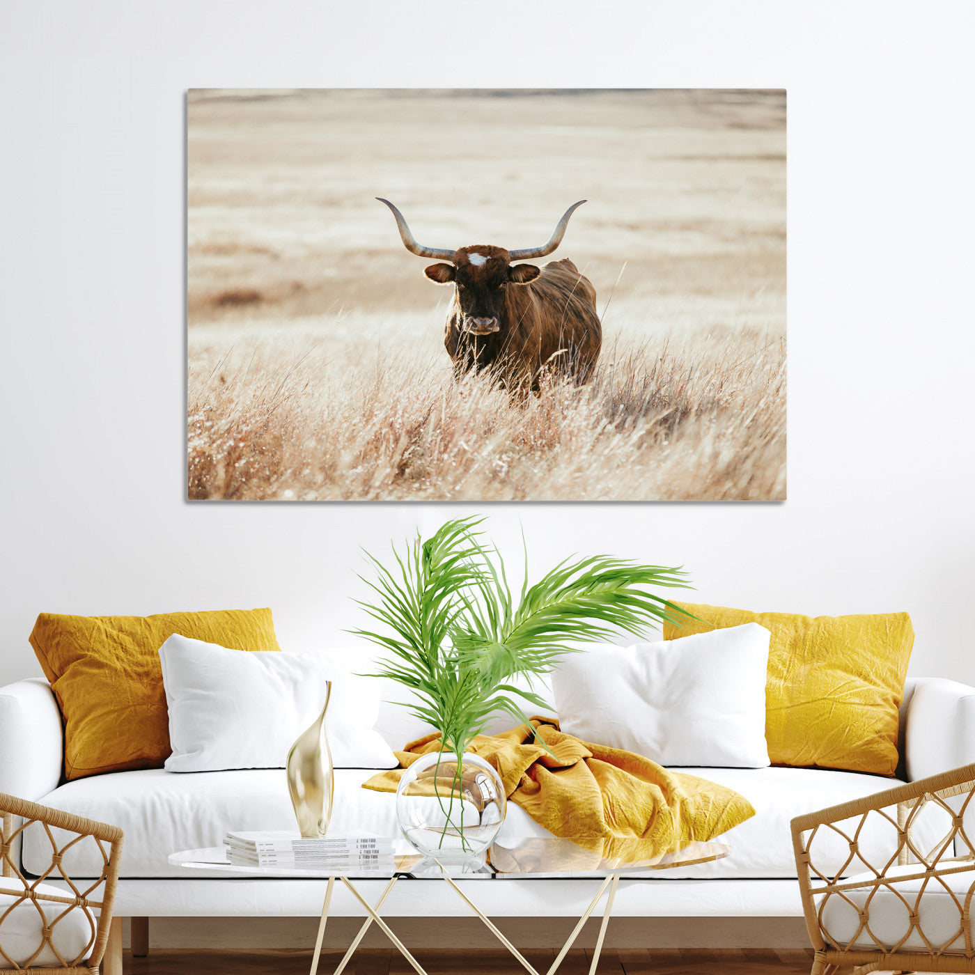 Texas Longhorn Wall Art Canvas Print, Framed Brown Cattle Art Picture Print, Horned Bull Perfect Rustic Western Decor Artwork