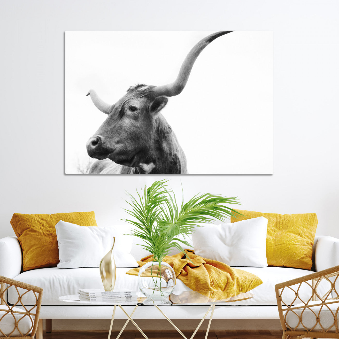 64392617-MGV-CV-36X24-Longhorn Wall Art Wall Art Canvas Print, Framed Modern Ranch Style Art Art Picture Print, Monochrome Cow Print Perfect Rustic Western Decor
