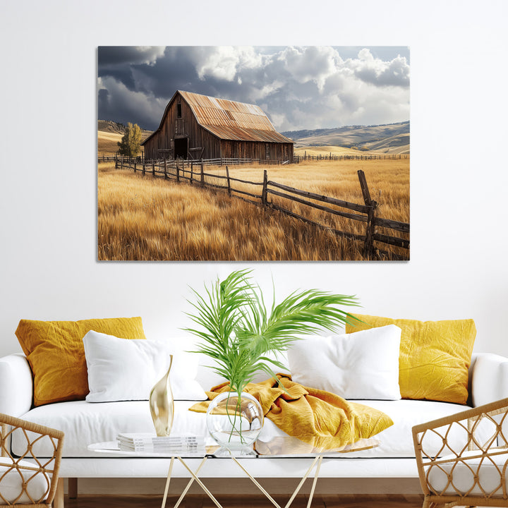 Rustic Barn Wall Art Canvas Print, Framed Moody Barn Art Picture Print, Golden Field Perfect Rustic Farmhouse Decor