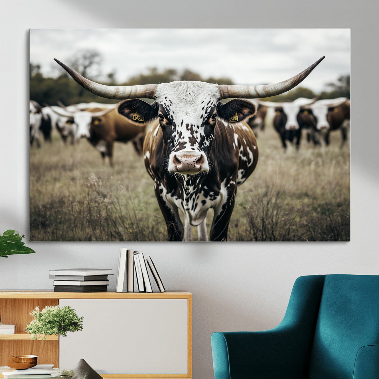 MGV-CV-36X24 - Majestic Longhorn Cow Wall Art – Canvas Print of Intricate Fur & Sharp Horns Earthy Tones Serene Landscape, Rustic Charm Decor for Living Room, Office or Bedroom