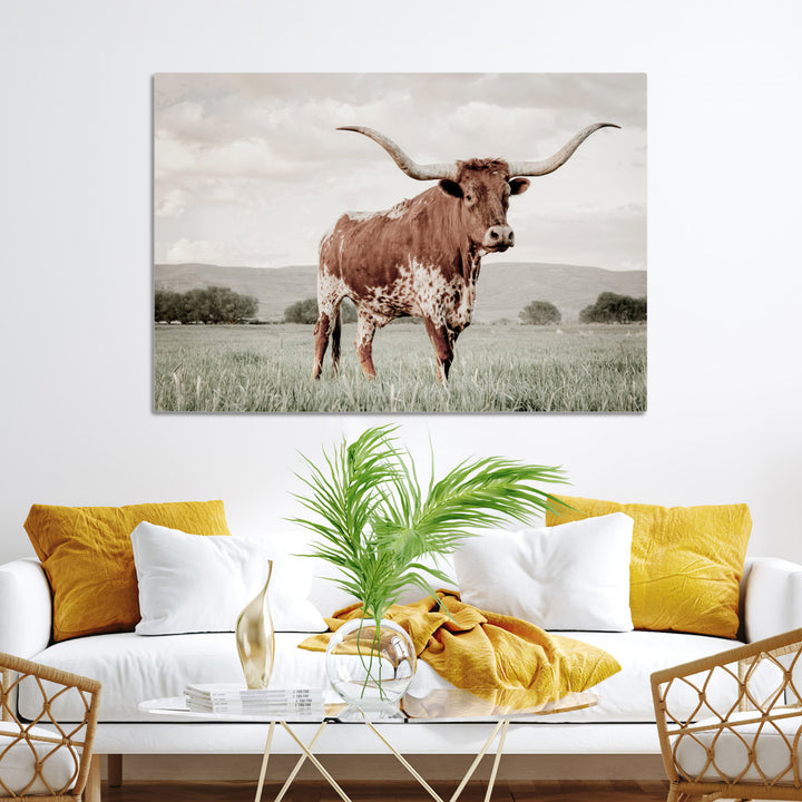 Texas Longhorn Wall Art Canvas Print, Framed Spotted Cattle Art Picture Print, Horned Bull Perfect Rustic Western Decor Artwork