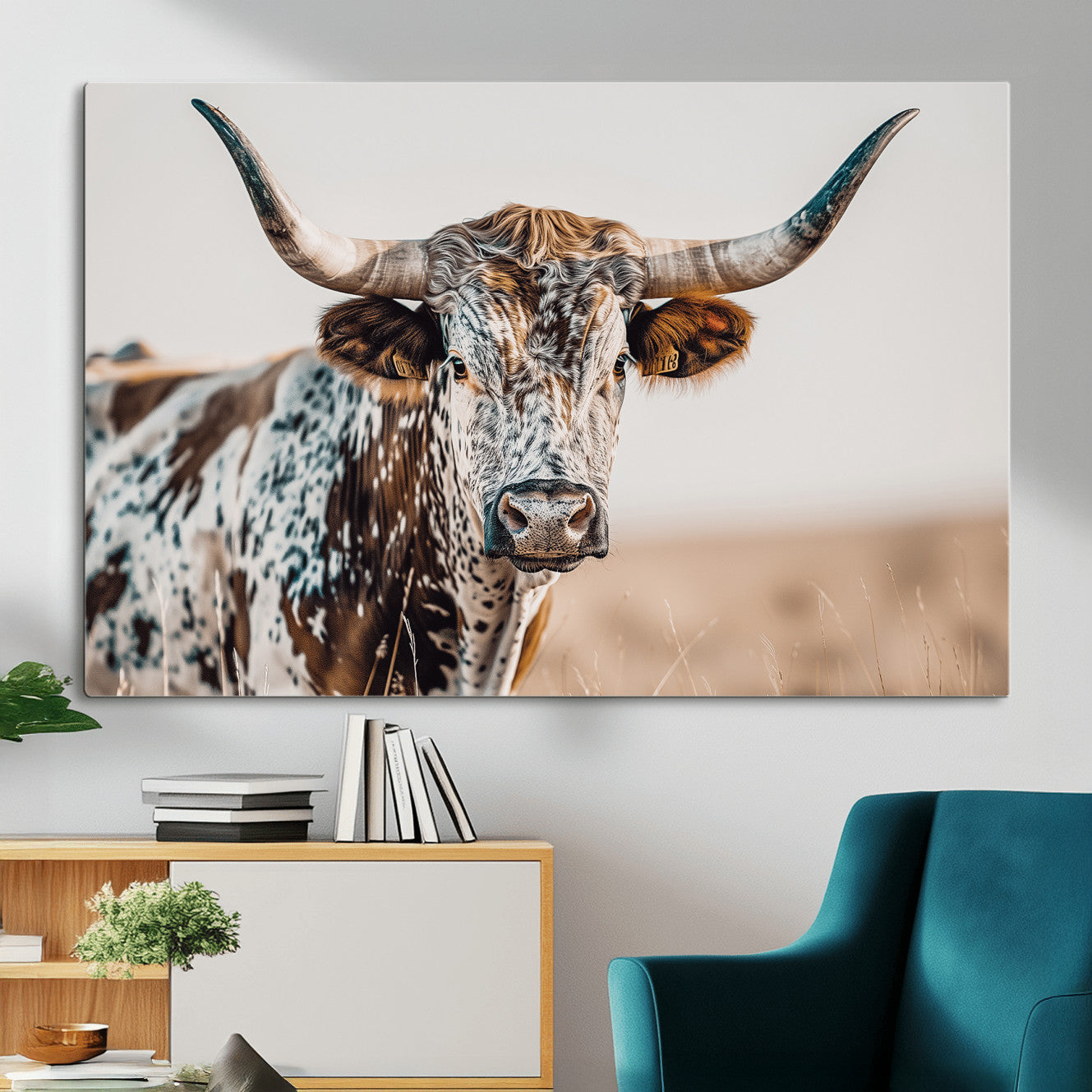 70414966-MGV-CV-36X24 - Majestic Longhorn Wall Art – Canvas Print of Strong Stance Intricate Fur & Sharp Horns Rustic Elegance & Timeless Wild Beauty Decor for Living Room, Office or Bedroom