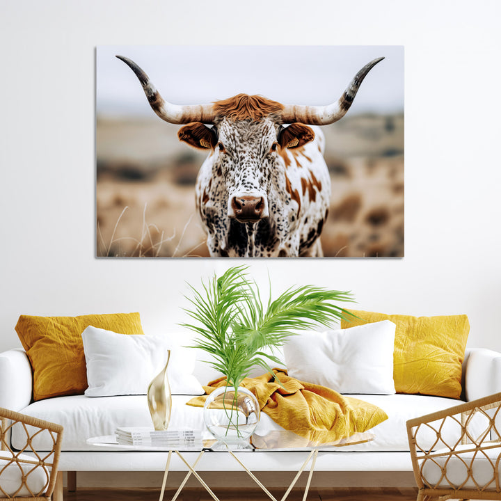 Texas Longhorn Wall Art Canvas Print, Framed Spotted Cow Art Picture Print, Horned Cattle Perfect Rustic Western Decor Artwork