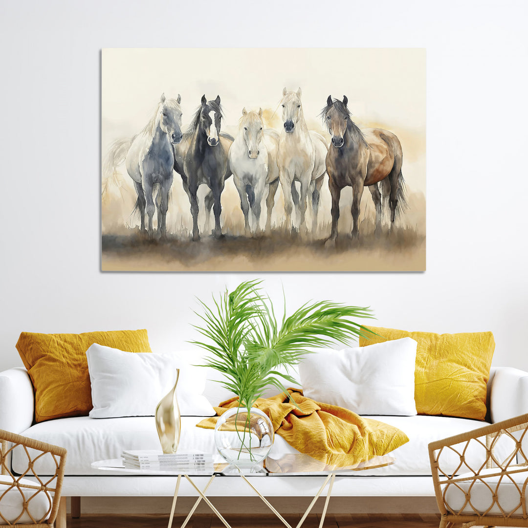 Wild Horses Wall Art Canvas Print, Framed Running Horses Art Picture Print, Watercolor Horses Perfect Rustic Western Decor
