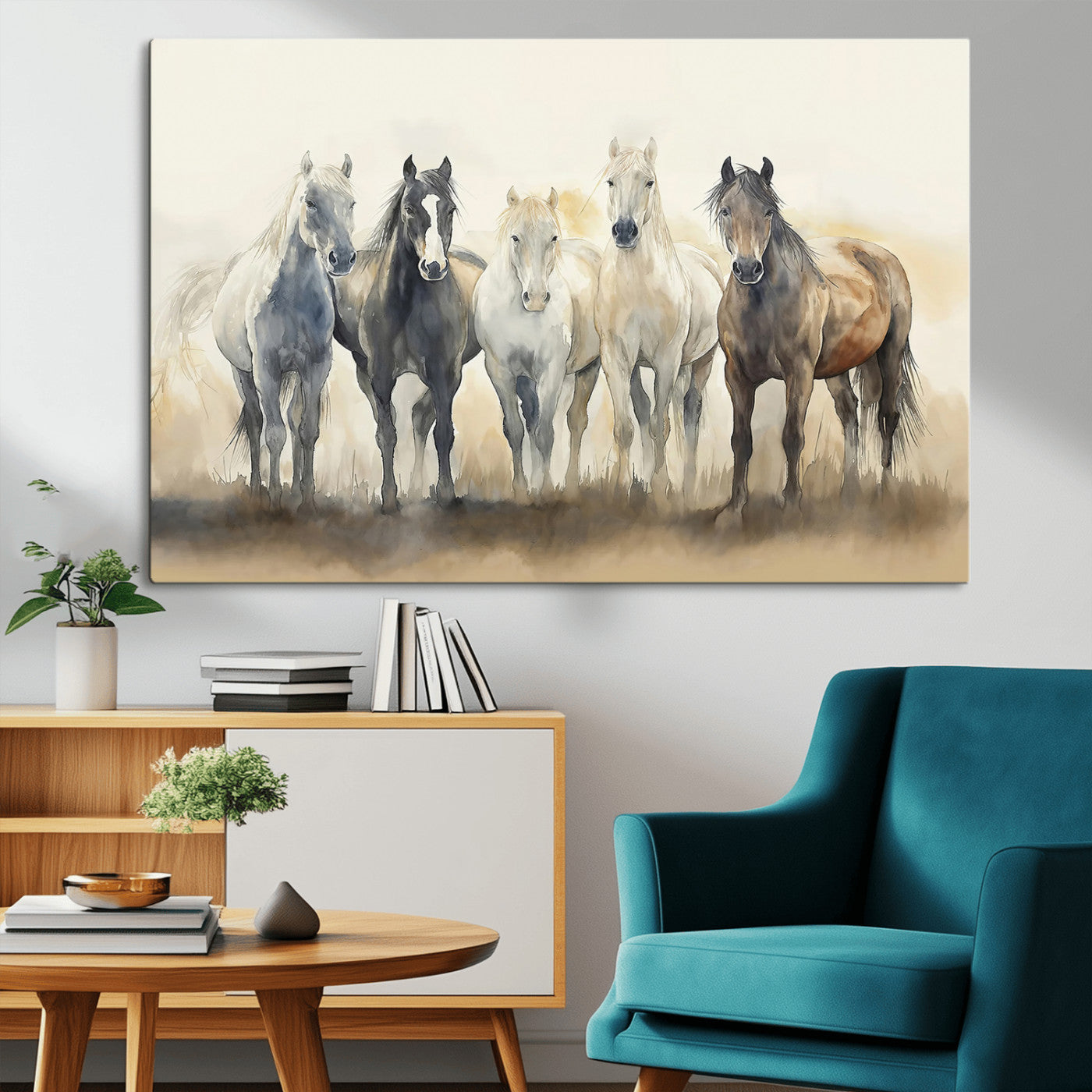 MGV-CV-36X24 - Wild Horses Wall Art Canvas Print, Framed Running Horses Art Picture Print, Watercolor Horses Perfect Rustic Western Decor Artwork