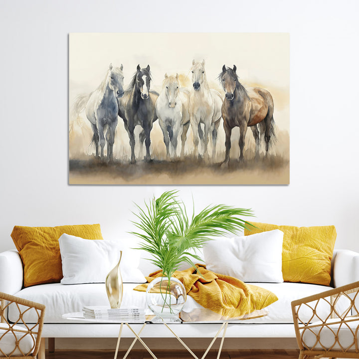 Wild Horses Wall Art Canvas Print, Framed Running Horses Art Picture Print, Watercolor Horses Perfect Rustic Western Decor