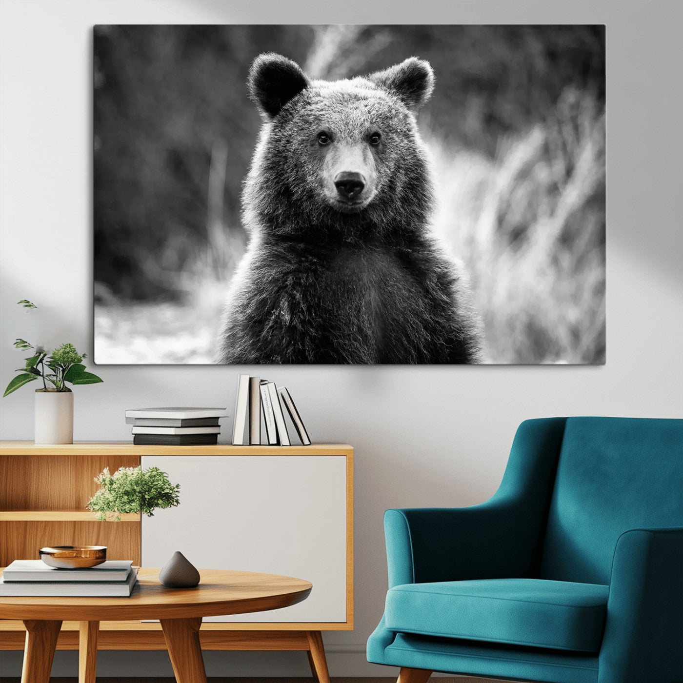 MGV-CV-36X24 - Grizzly Bear Wall Art Canvas Print, Framed Black White Bear Art Picture Print, Wild Bear Perfect Rustic Wildlife Decor Artwork
