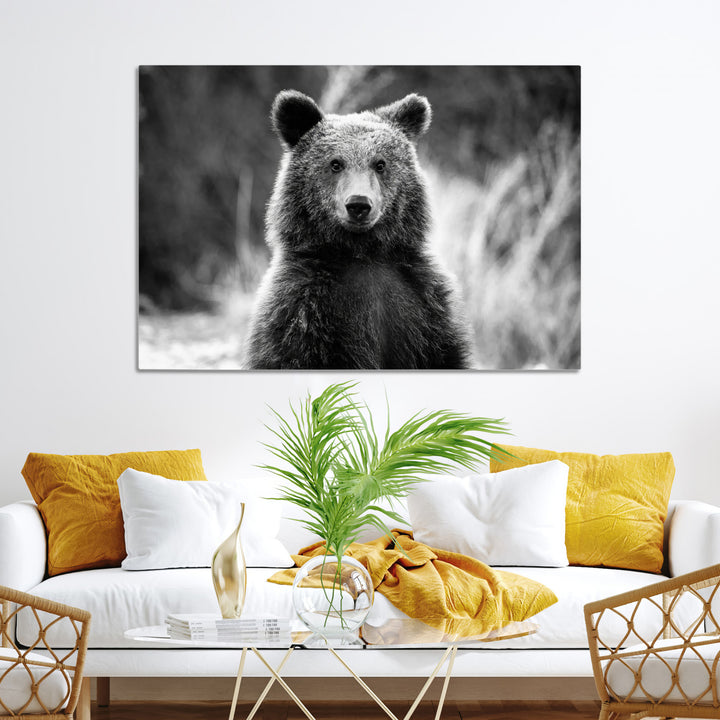 Grizzly Bear Wall Art Canvas Print, Framed Black White Bear Art Picture Print, Wild Bear Perfect Rustic Wildlife Decor