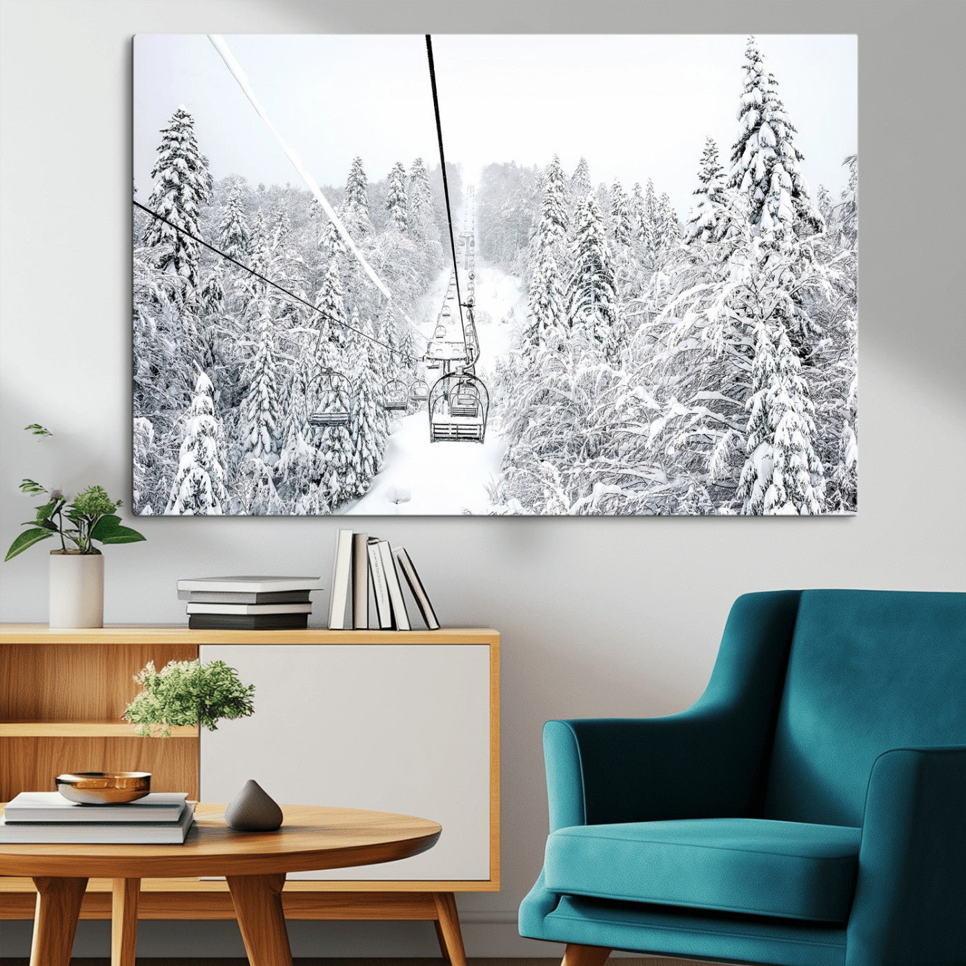 MGV-CV-36X24 - Snowy Mountains Wall Art Canvas Print, Framed Ski Lift Art Picture Print, Winter Forest Perfect
