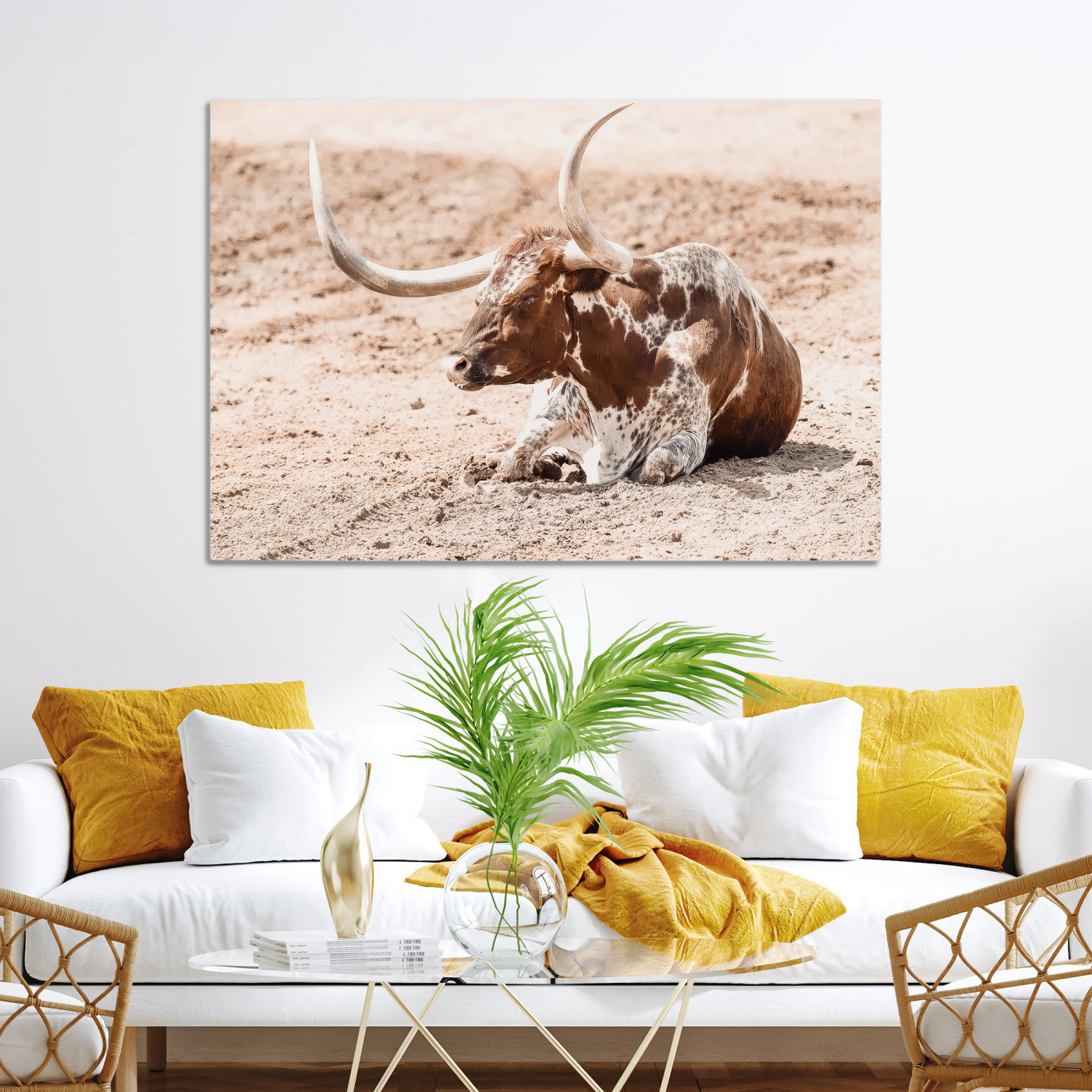 Texas Longhorn Wall Art Canvas Print, Framed Resting Bull Art Picture Print, Spotted Cattle Perfect Rustic Western Decor, Spotted Cattle