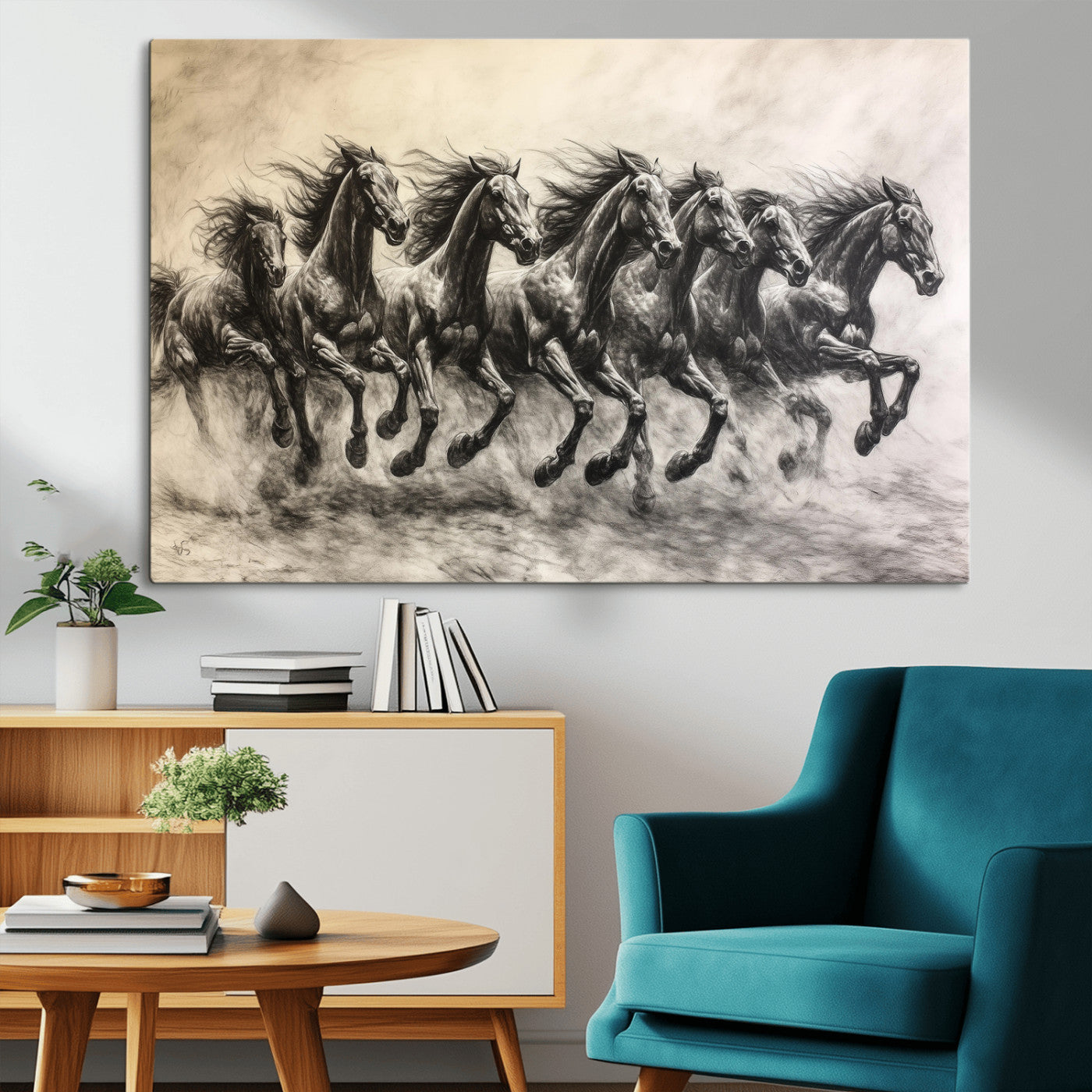 Monochrome drawing of a herd of galloping horses, perfect for dynamic and wild-themed decor in any equestrian or nature-inspired room.