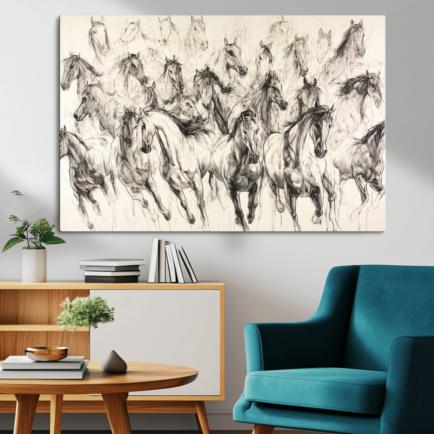 Monochrome ink sketch of galloping horses in dynamic motion, perfect for western or equine-themed wall decor with bold artistic energy.
