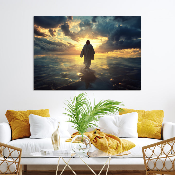 Jesus Walks Wall Art Canvas Print, Framed Divine Sunset Art Picture Print, Spiritual Light Perfect Spiritual Tranquil Decor Artwork