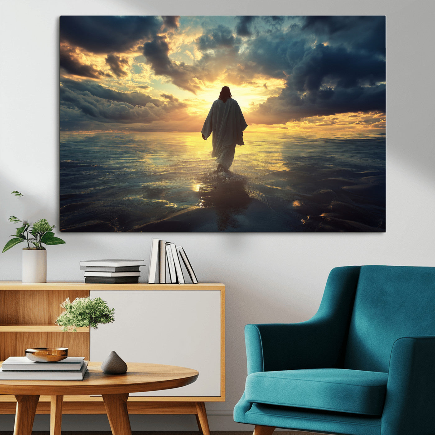 Spiritual artwork of Jesus walking on water at golden hour with divine light, ideal for Christian home decor or prayer room.
