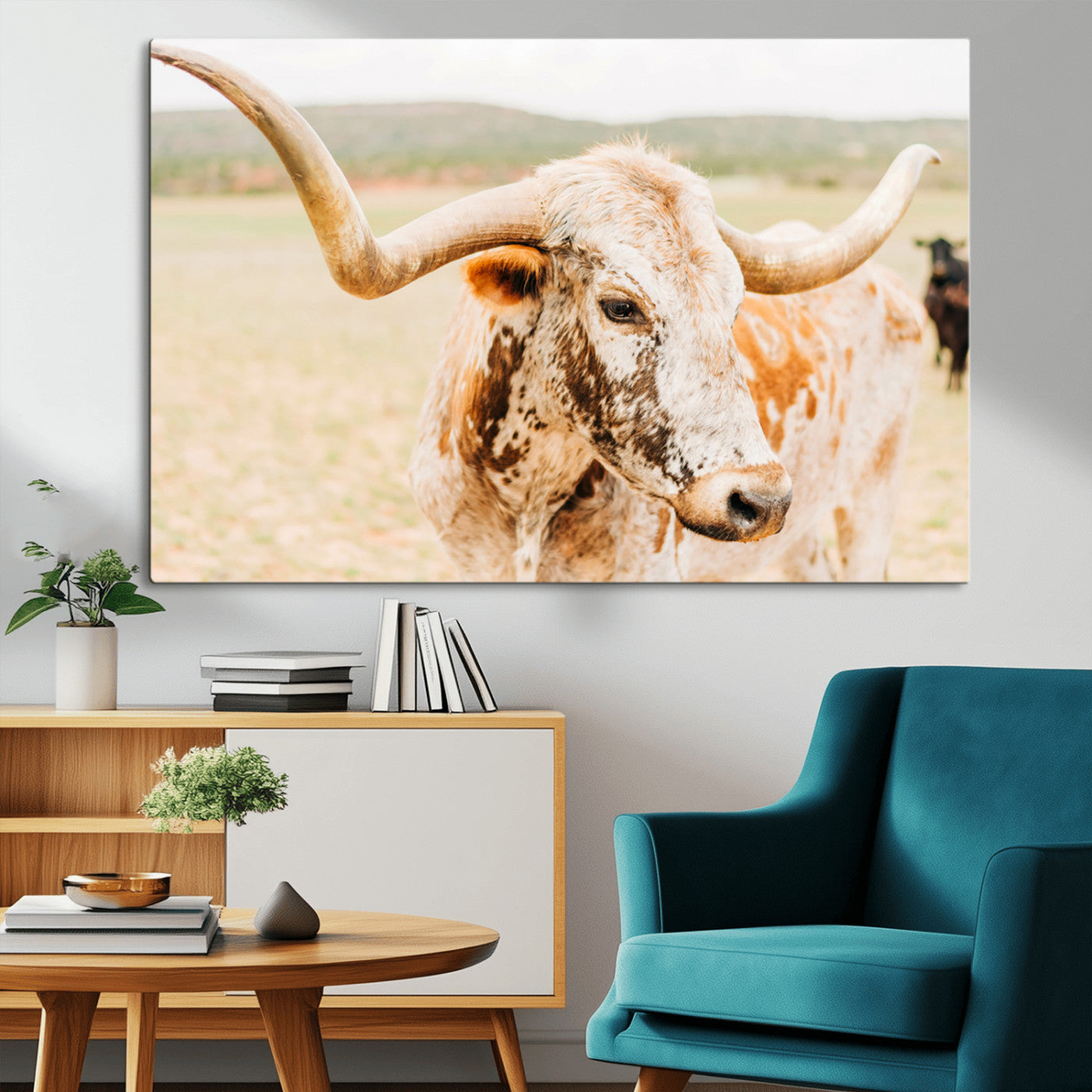 Close-up of a speckled Texas Longhorn in warm prairie tones, perfect for rustic western or countryside-themed room decor.
