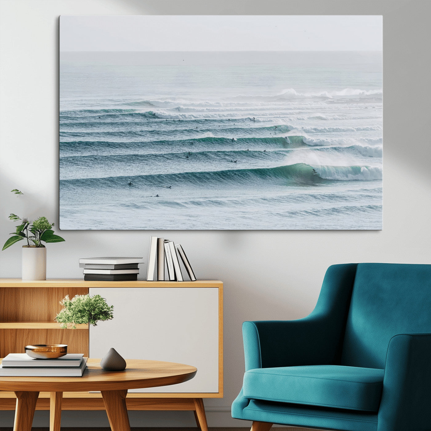 High-angle view of surfers lining up across layered ocean waves, ideal for minimal coastal or surf-inspired room decor.