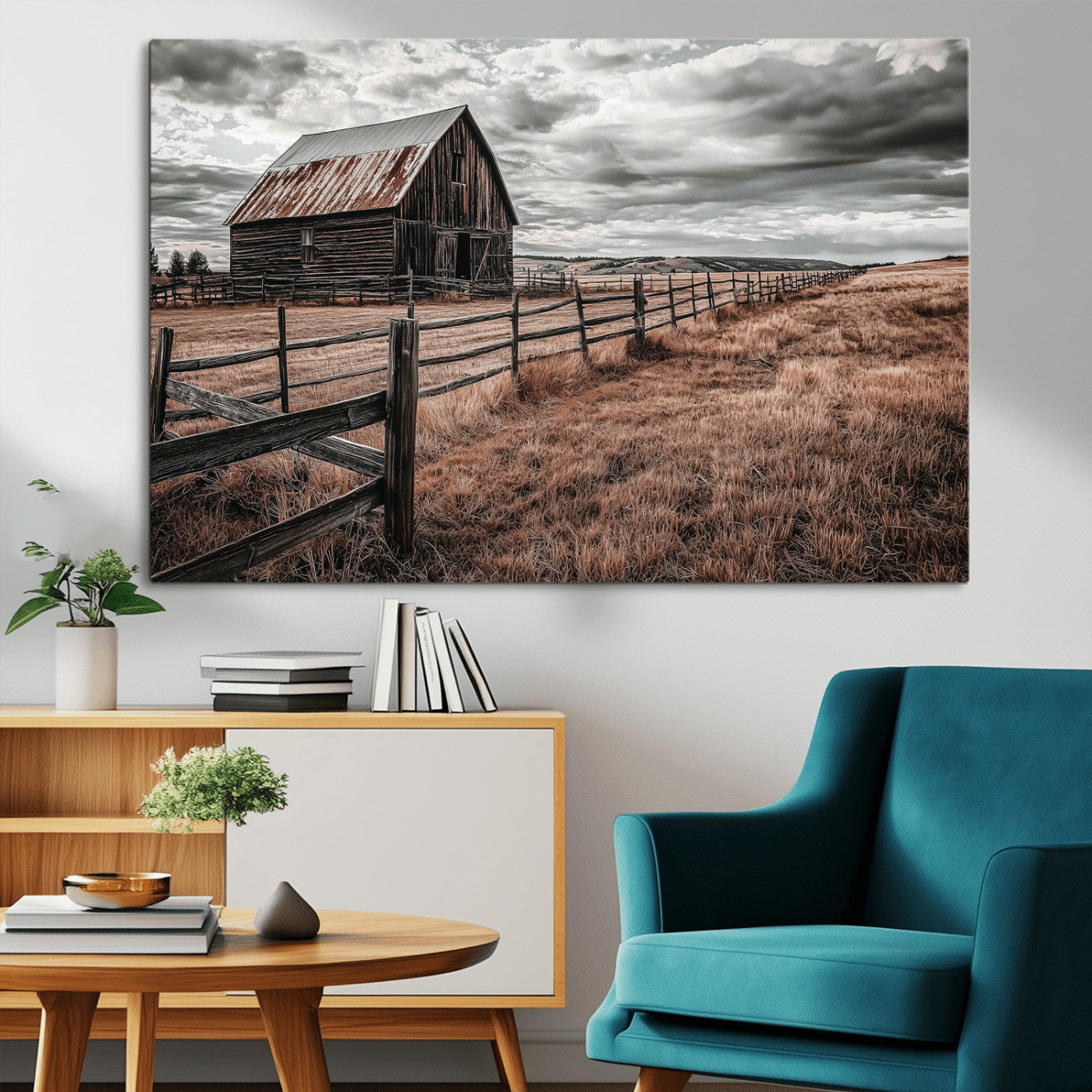 Framed canvas of a rustic barn under a moody sky with weathered fence and dark fields, ideal for farmhouse or rural-style wall decor.