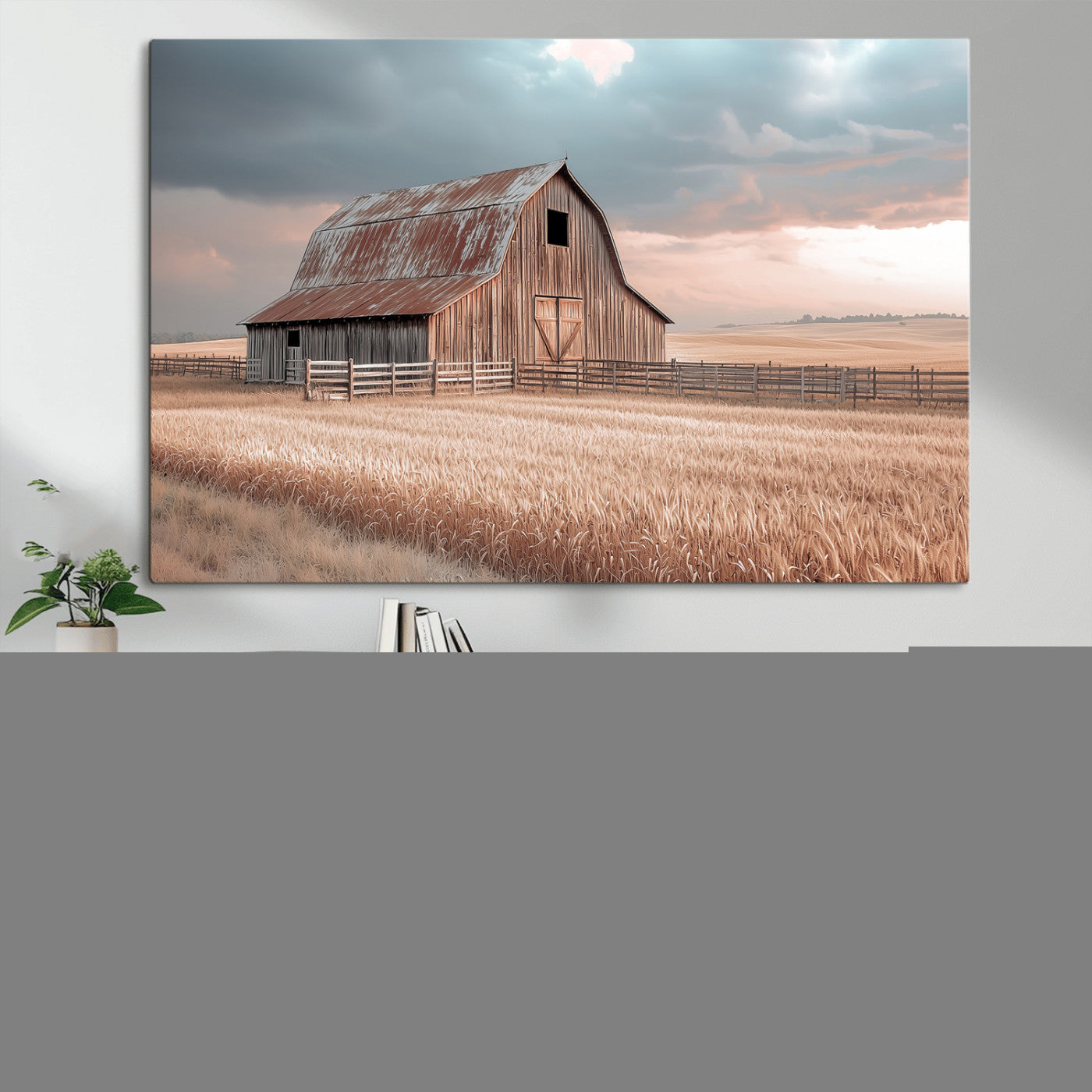 MGV-CV-36X24 - Rustic Barn Wall Art Canvas Print, Framed Wheat Field Art Picture Print, Sunset Barn Perfect Vintage Farmhouse Decor Artwork