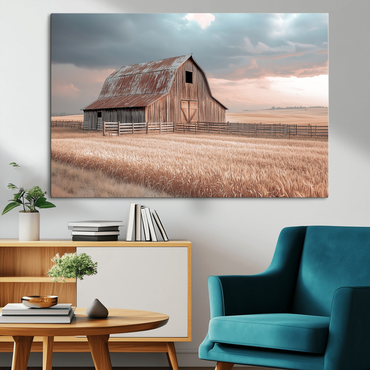 Framed canvas of a rustic barn in a golden wheat field under soft skies, ideal for vintage farmhouse or country-style wall decor.