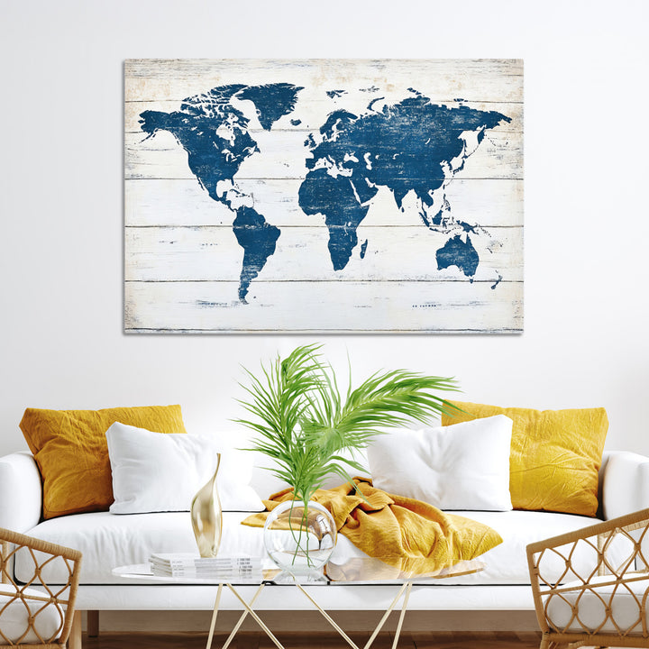 World Map Wall Art Canvas Print, Framed Rustic Atlas Art Picture Print, Wooden Map Perfect Vintage Decor Artwork