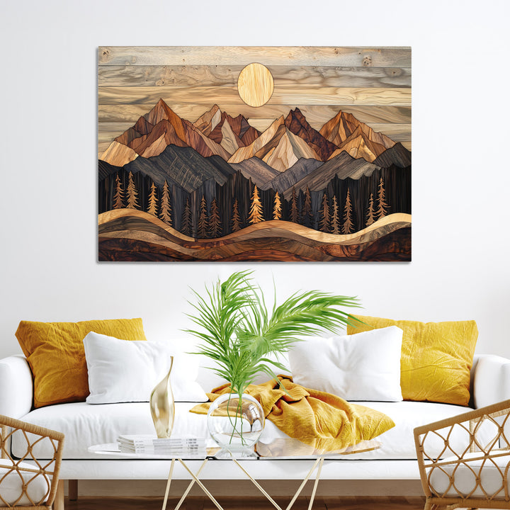 Wood Mountain Wall Art Canvas Print, Framed Boho Wood Art Print, Abstract Woodland Farmhouse Decor