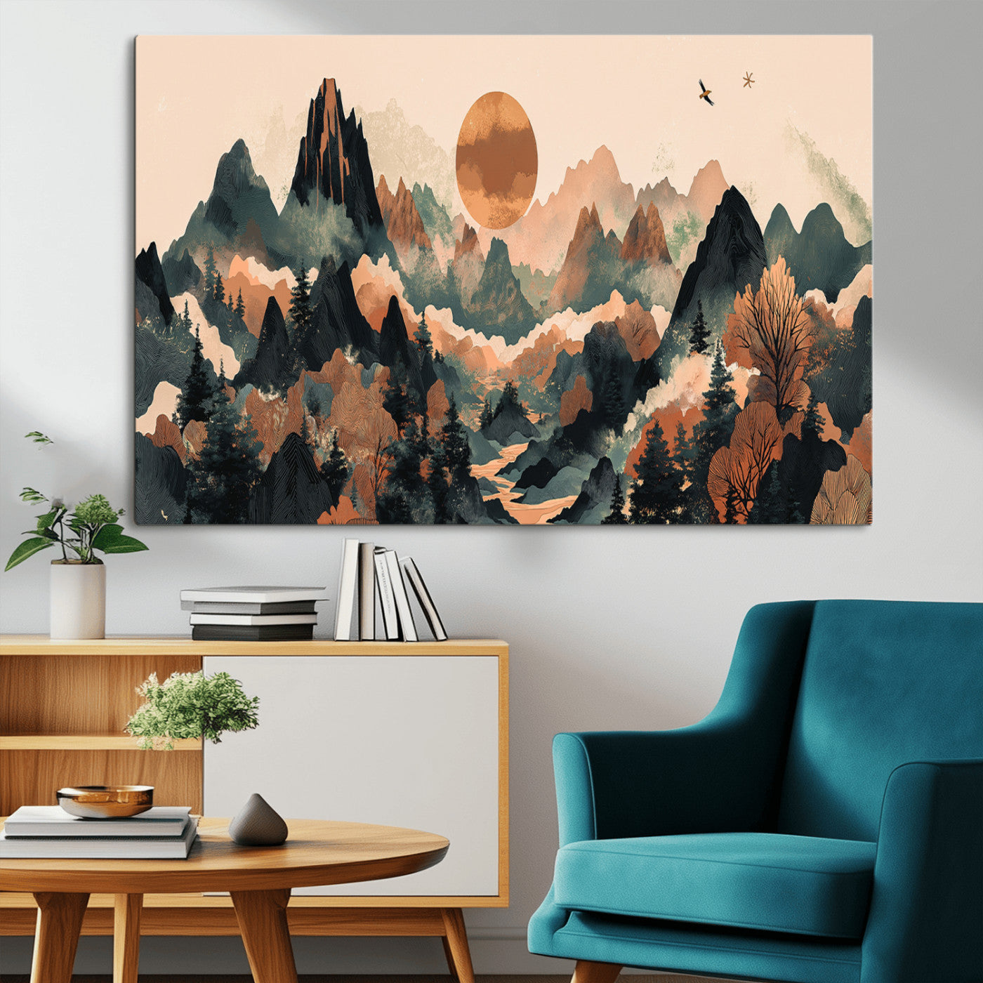 MGV-CV-36X24 - Wood Mountain Landscape Wall Art Canvas Print, Framed Sunset Hills Art Picture Print, Abstract Nature Perfect Boho Decor Artwork