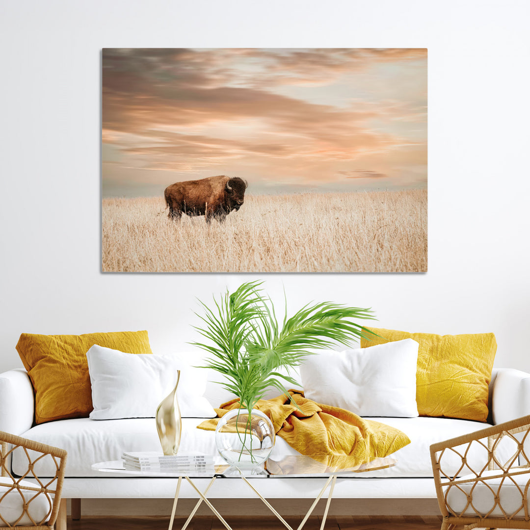 Bison Wall Art Canvas Print, Buffalo Print, Framed Western Prairie Art Print, Large Rustic Wildlife Printing Perfect for Rustic Decor