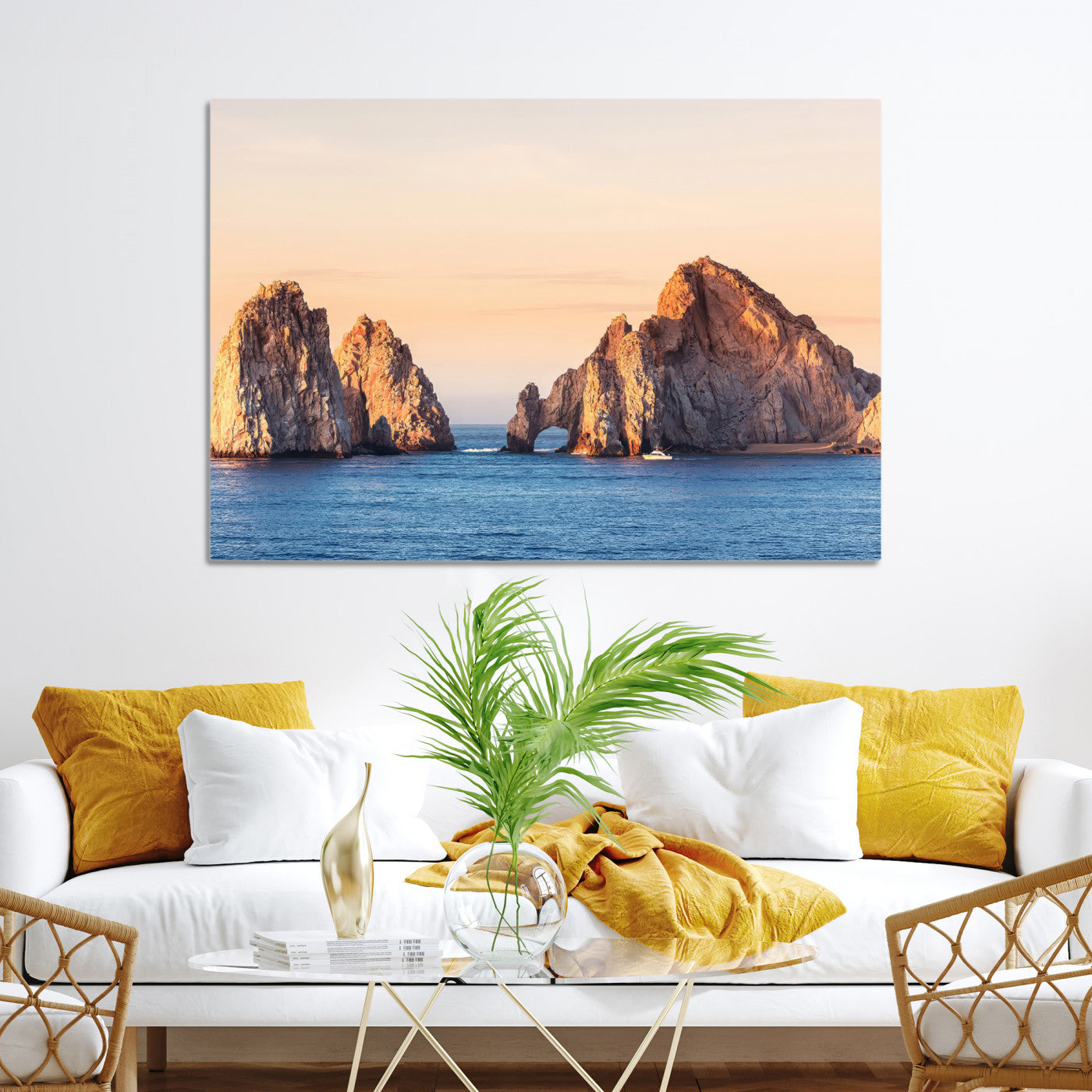 72996116-MGV-CV-36X24-El Arco Wall Art Canvas Print, Framed Cabo Rocks Art Picture Print, Ocean Arch Perfect Golden Coastal Landmark Decor, The Arch Canvas Print