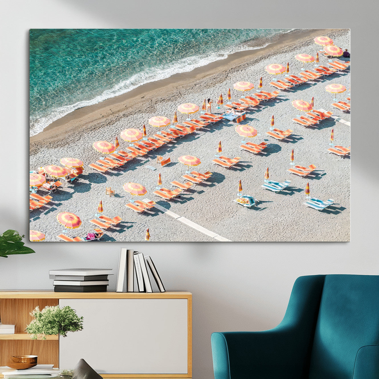 27805351-MGV-CV-36X24 - Beach Umbrellas Wall Art – Orange Loungers & Turquoise Water Canvas Print, Sandy Shore and Summer Vibes