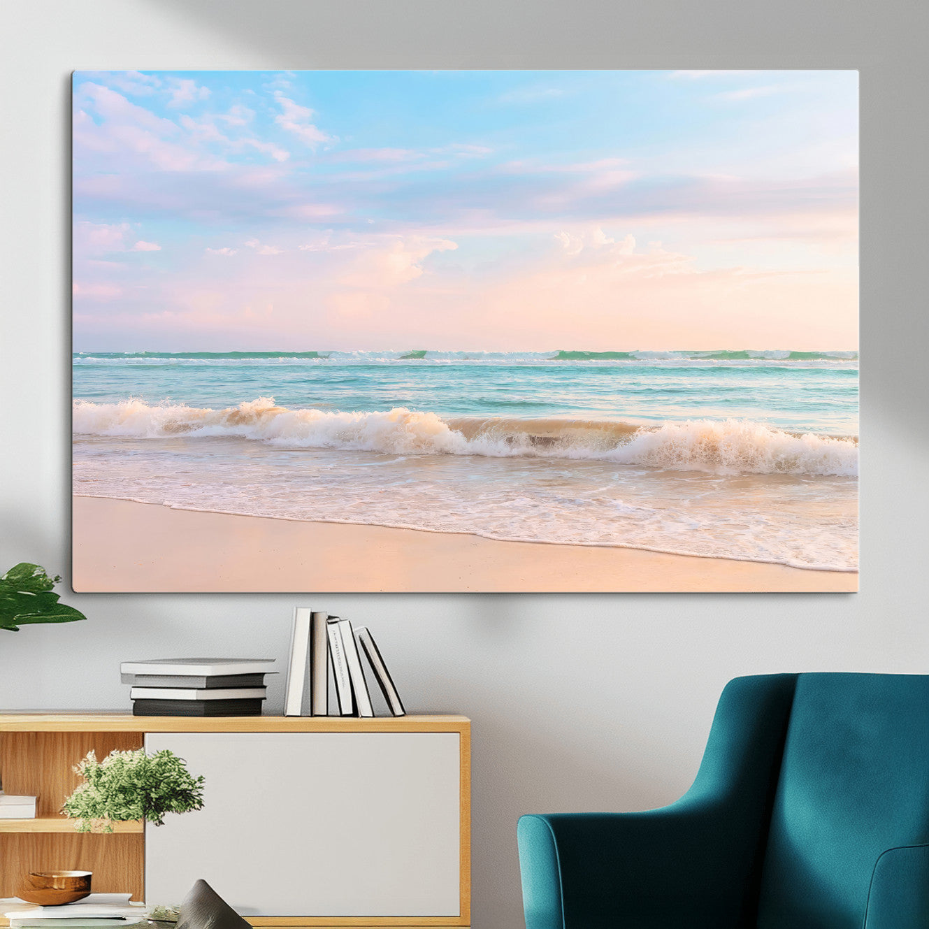 74679437-MGV-CV-36X24 - Serene Waves Wall Art – Golden Shore & Soft Pastel Sky Canvas Print, Gentle Ocean and Peaceful Sunset for Living Room or Office