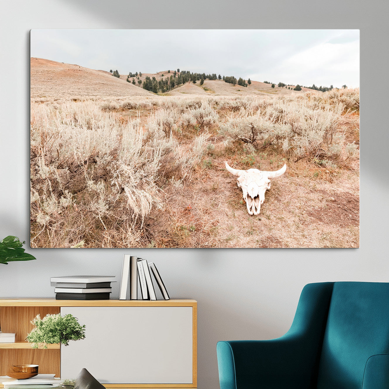 97234735-MGV-CV-36X24 - Desert Skull Wall Art – Arid Landscape & Sagebrush Canvas Print, Rustic Nature and Earth Tones for Living Room or Minimalist Decor