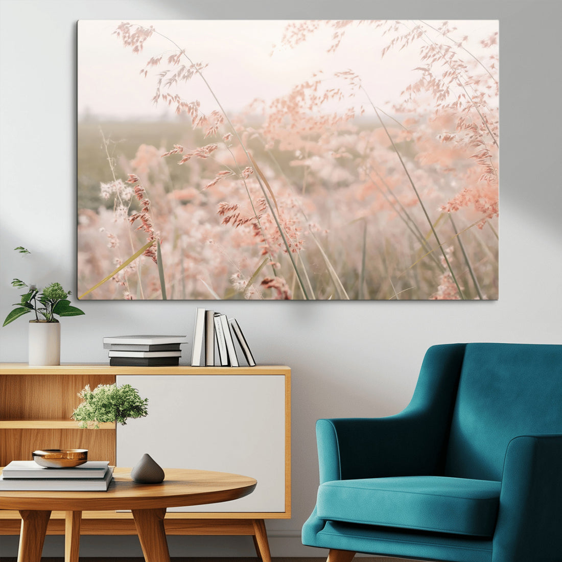 Pastel Grasses Wall Art Canvas Print, Framed Soft Pink Meadow Field in the Breeze