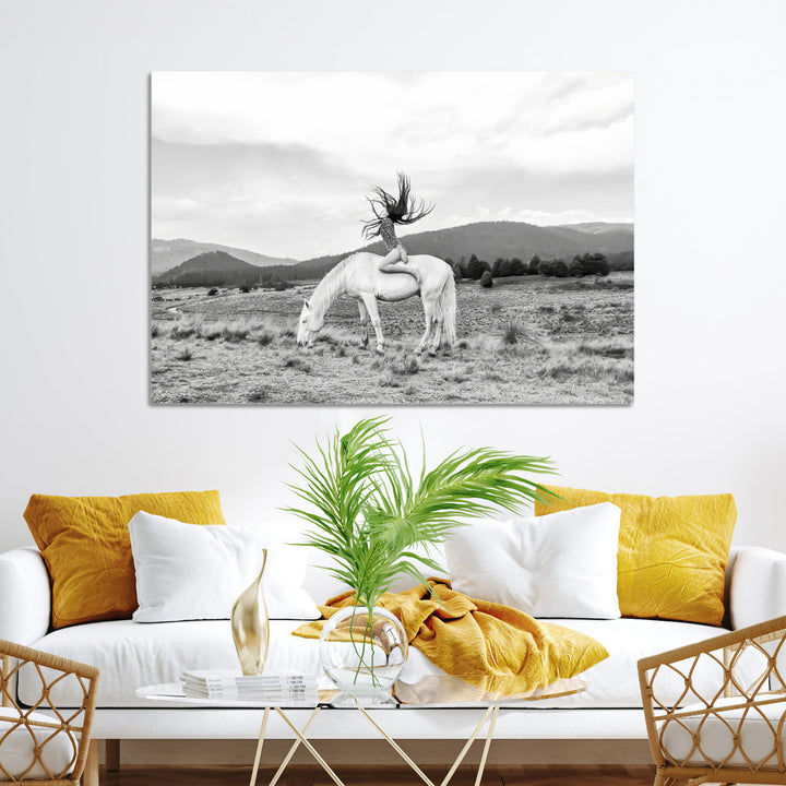 White Horse Wall Art Canvas Print, Woman Rider Print, Framed Equestrian Pose Art Print, Large Grazing Horse Printing Western Boho