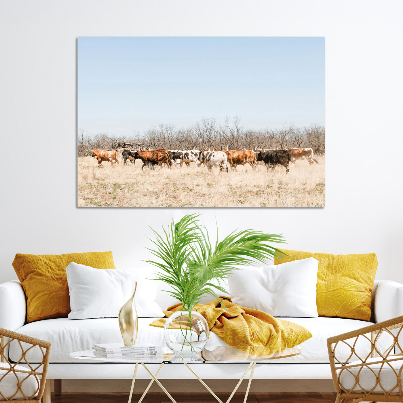 Texas Longhorns Wall Art Canvas Print, Western Cattles Print Wall Art, Framed Rustic Herd Art Print, Large Country Cows Printing Rustic