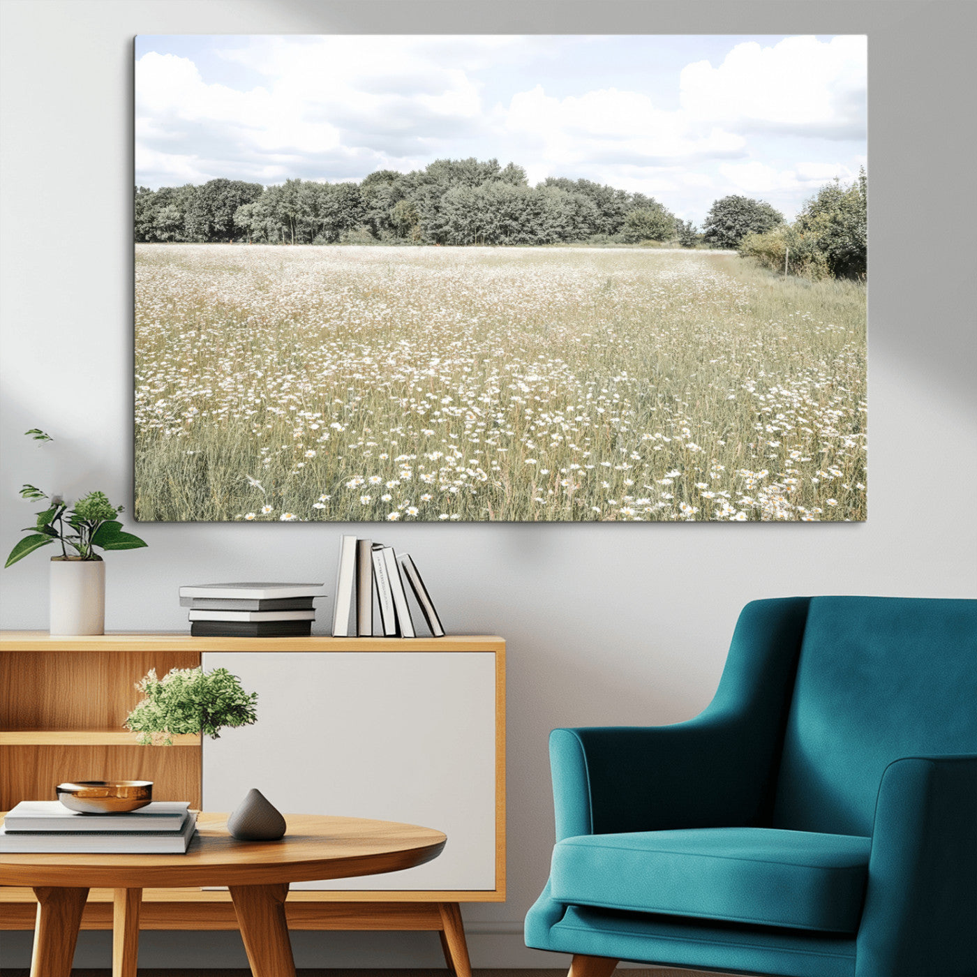 MGV-CV-36X24 - Charming Daisy Field Wall Art Canvas Print, Framed Pastel Flower Art Picture Print, Meadow Bloom Perfect Scandinavian Minimalist Decor Artwork