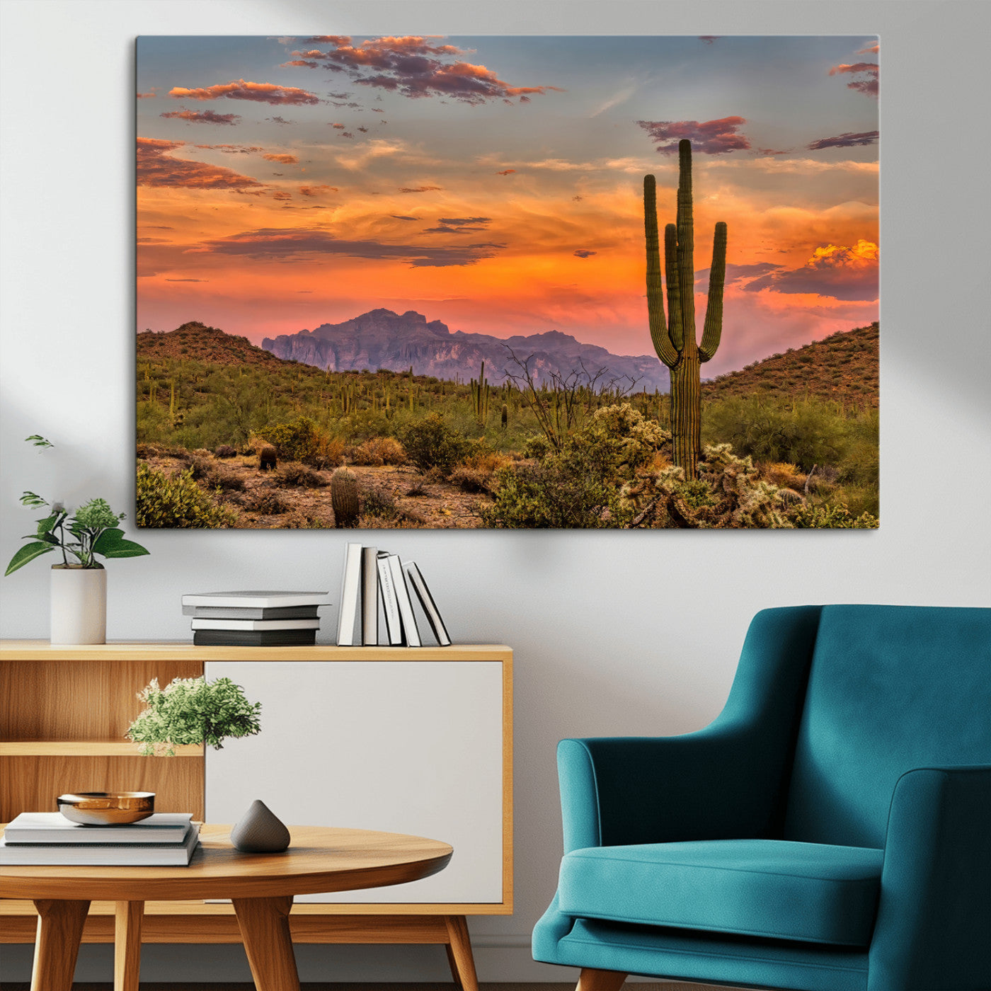 MGV-CV-36X24 - Saguaro Cactus Wall Art Canvas Print, Framed Arizona Sunset Art Picture Print, Sonoran Desert Perfect Southwestern Boho Decor Artwork