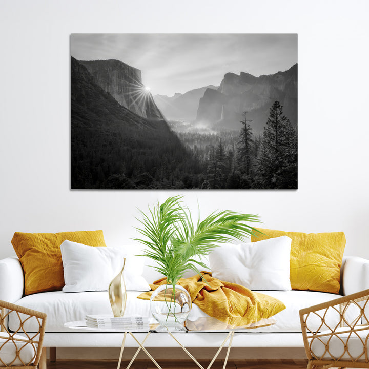 Yosemite Valley Wall Art Canvas Print, Framed El Capitan Sunrise Print, Framed Misty Mountain Art Print, Large Monochrome Valley Printing
